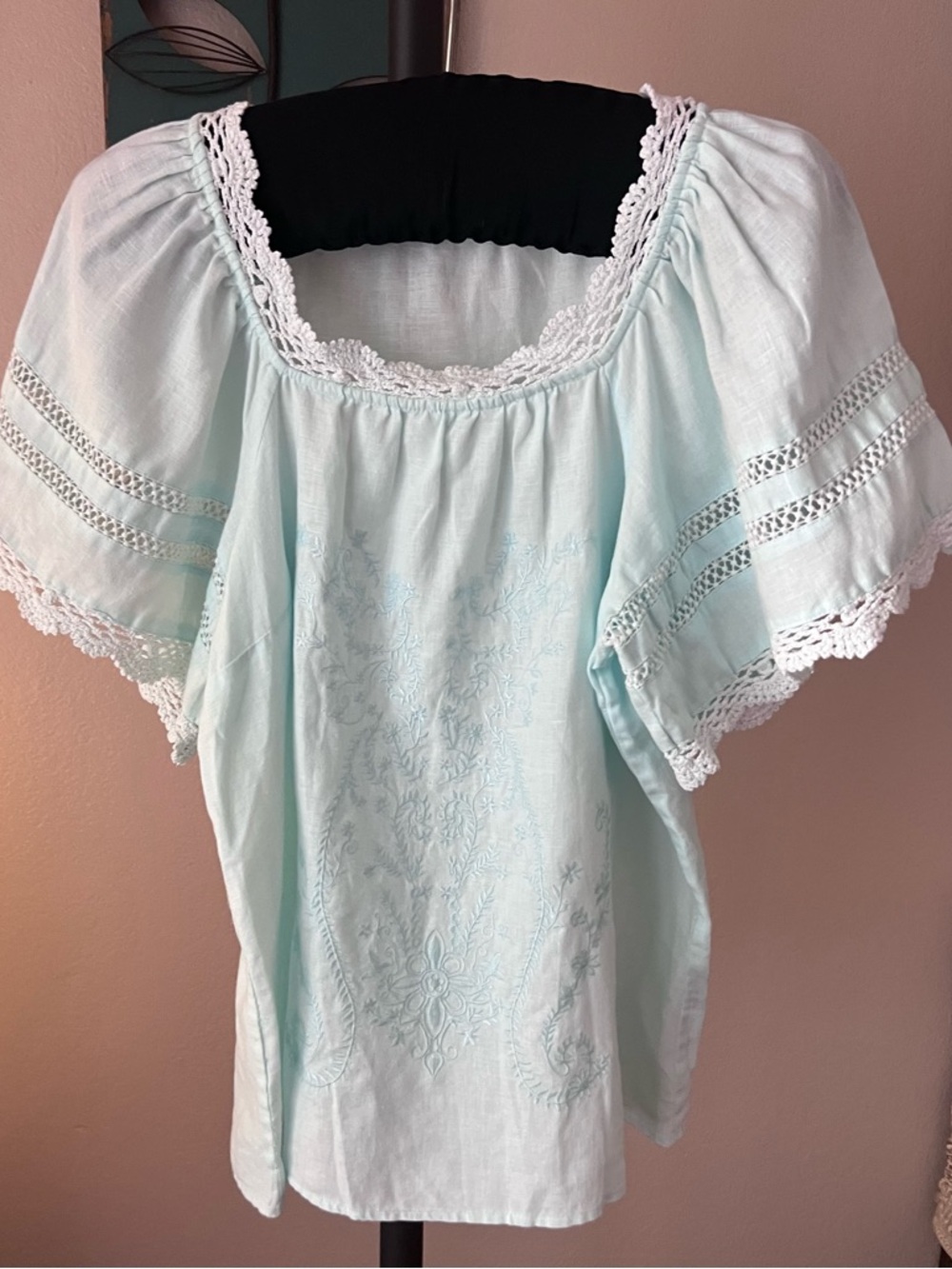 Light Aqua Embroidered Crochet-Trim Tunic Top